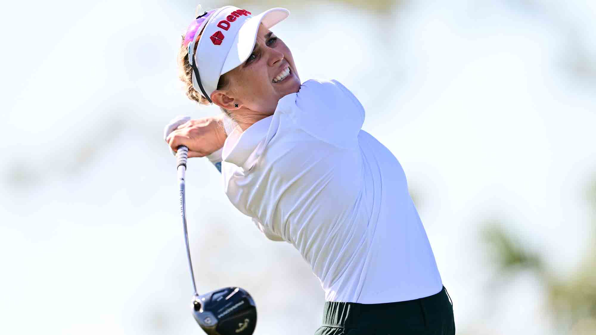 Nanna Koerstz Madsen of Denmark plays her shot from the 18th tee during the first round of the Founders Cup presented by U.S. Virgin Islands 2025 at Bradenton Country Club on February 06, 2025 in Bradenton, Florida.