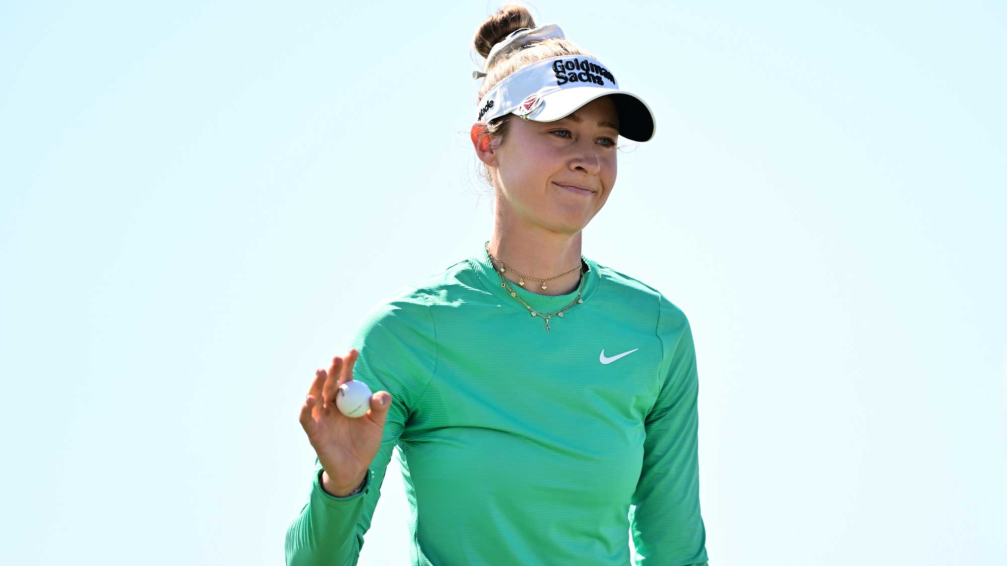  Nelly Korda of the United States reacts after playing the 18th hole during the first round of the Founders Cup presented by U.S. Virgin Islands 2025 at Bradenton Country Club on February 06, 2025 in Bradenton, Florida.